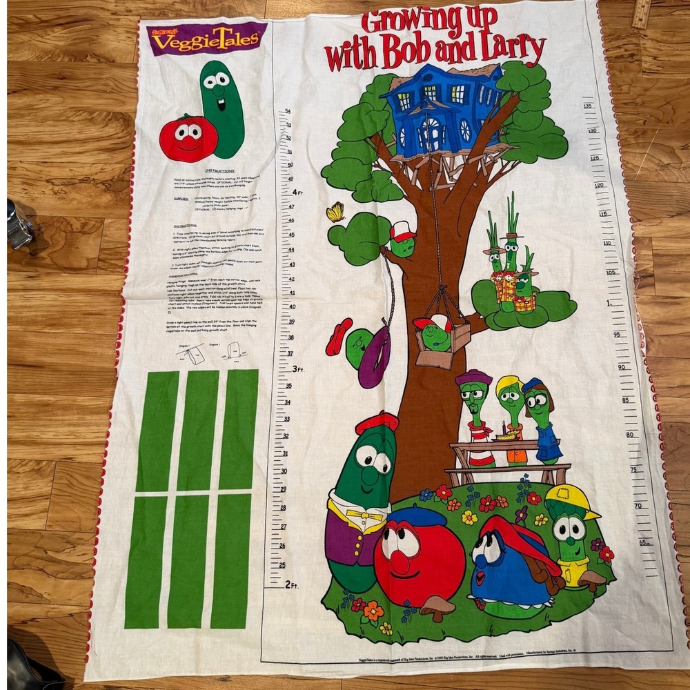 VTG Y2K TO SEW VeggieTales Growing Up With Bob Larry Fabric Growth Chart Panel